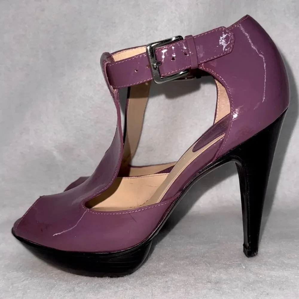 Women’s Cole Haan Alegra Heels Platform Shoes Purple Patent Leather Peep Toe 6.5